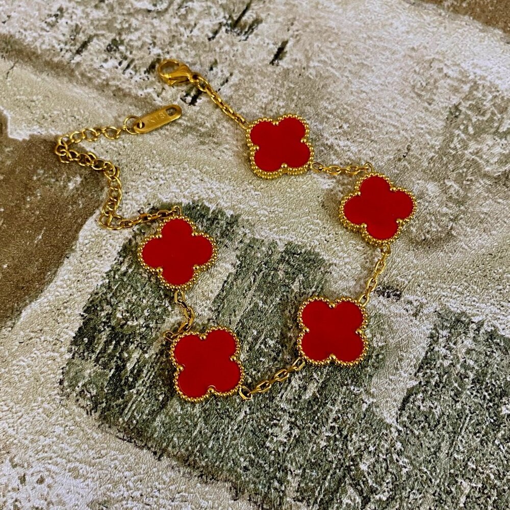 Alhambra Designer Red Gold 4 Clover 5 Motif Bracelet